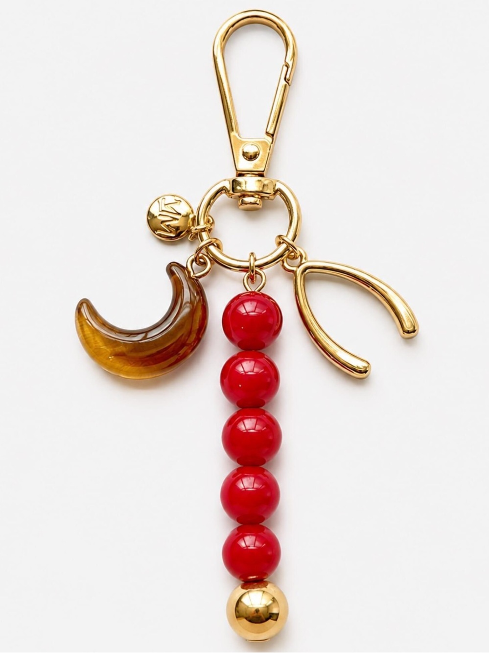 Gold-Tone Key/Bag Charm with Red Beads, Amber Moon, & Wishbone NWOT